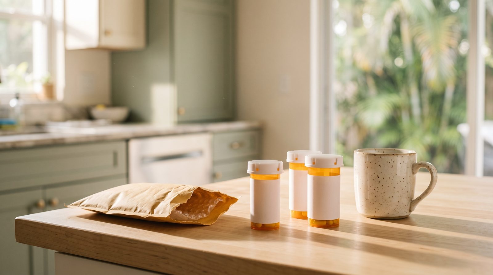 Prescription bottles and an opened mailer on a sunny kitchen counter
