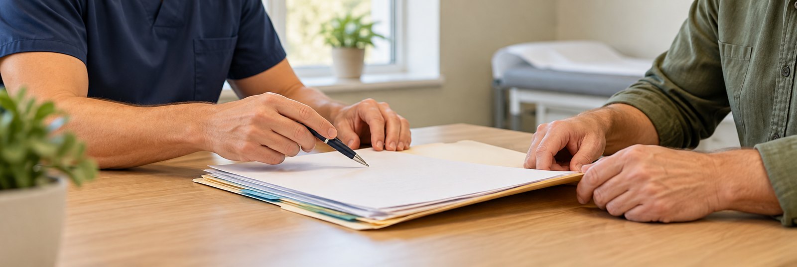 A clinician and a visitor reviewing a folder of records at a desk